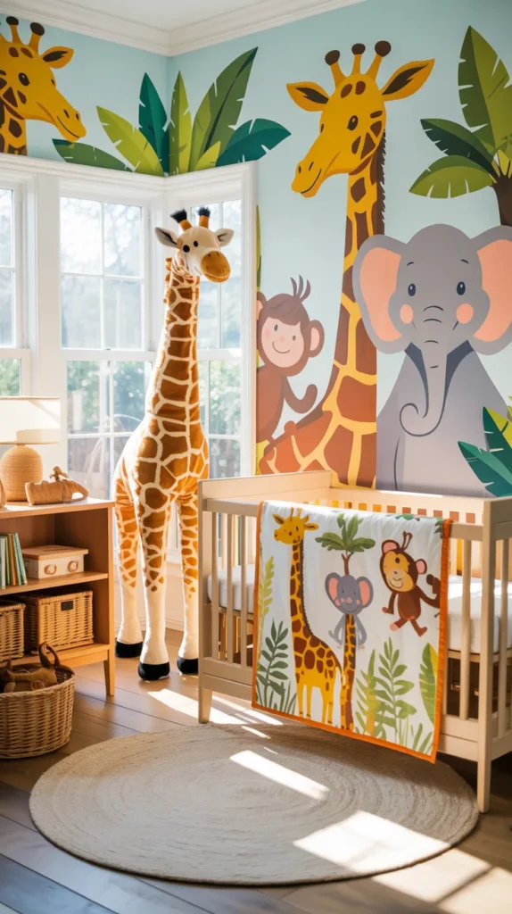 Safari-themed baby boy nursery with illustrated animals, plush giraffe décor, bright colors, and a refined storybook design.