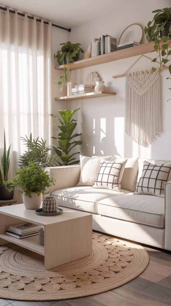 Black and white living room with natural wood furniture, jute rug, plants, and cozy layered decor.