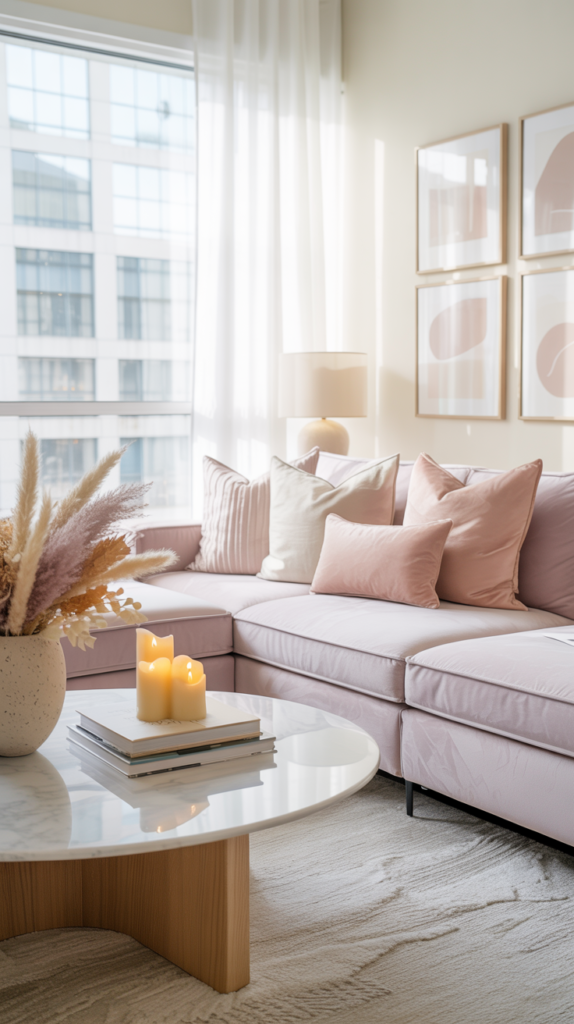 Modern pastel apartment living room with a lilac sofa, blush pillows, marble coffee table, and soft daylight in a stylish upper-middle-class city apartment.