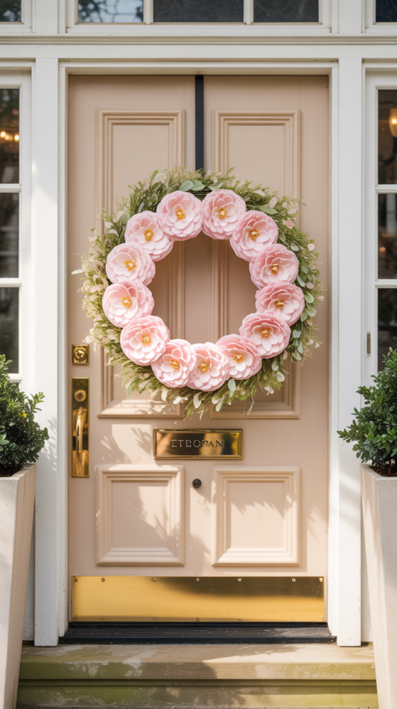 Soft pink camellia spring wreath on a cream front door with elegant porch styling.