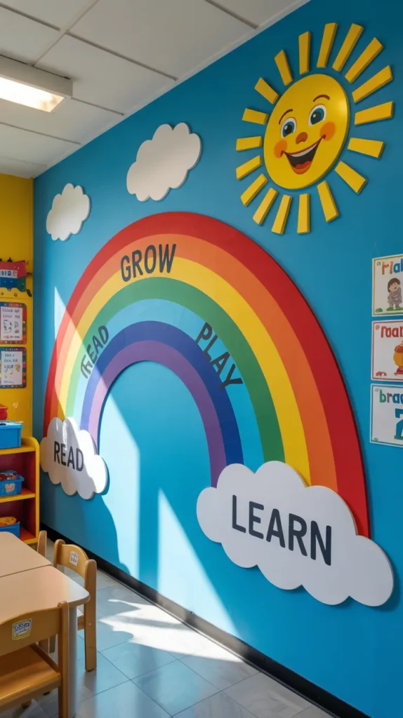 Bright rainbow wall decoration in a kindergarten classroom featuring colorful learning words and spring decor.