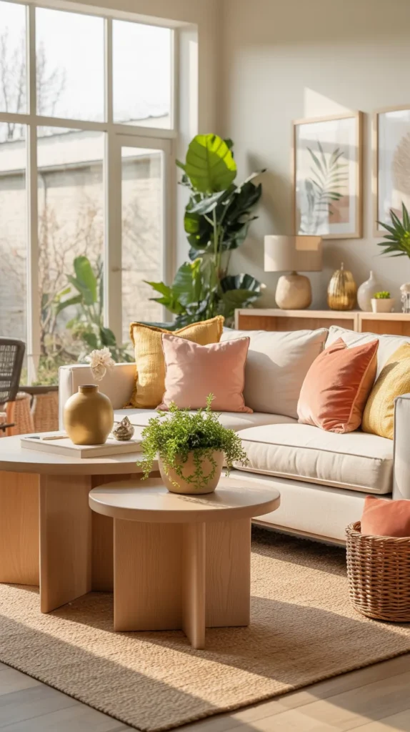Upper-middle-class spring living room with buttery gold, coral blush, and mossy green color palette.