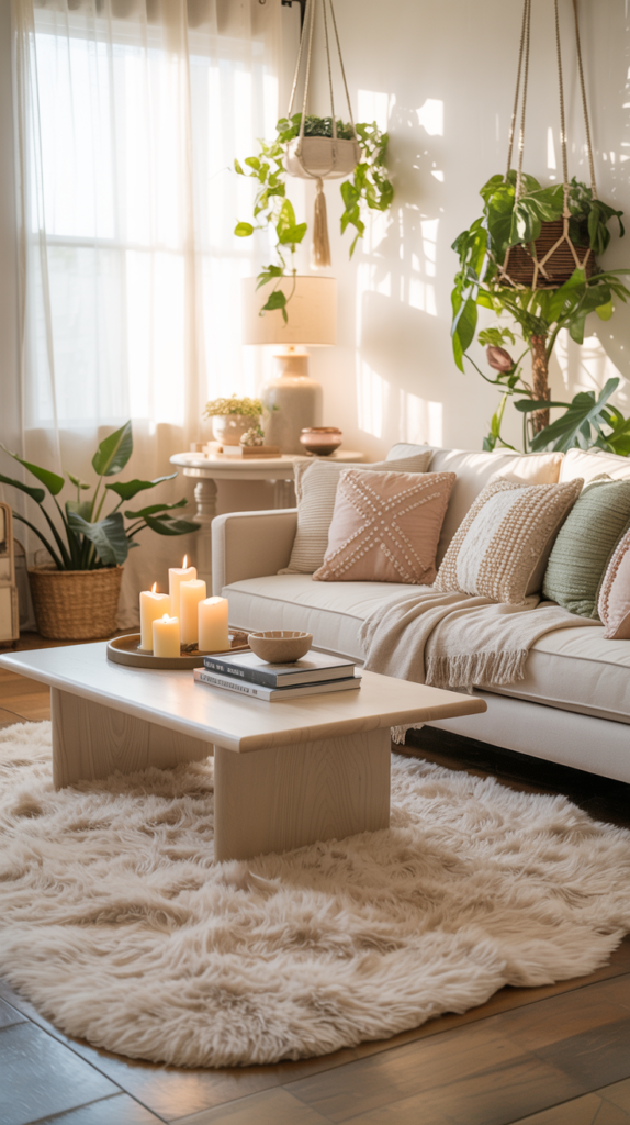 Cloud-soft cream boho rug in a bright cozy living room with neutral sofa, layered pillows, plants, and warm sunlight creating a soft inviting space.