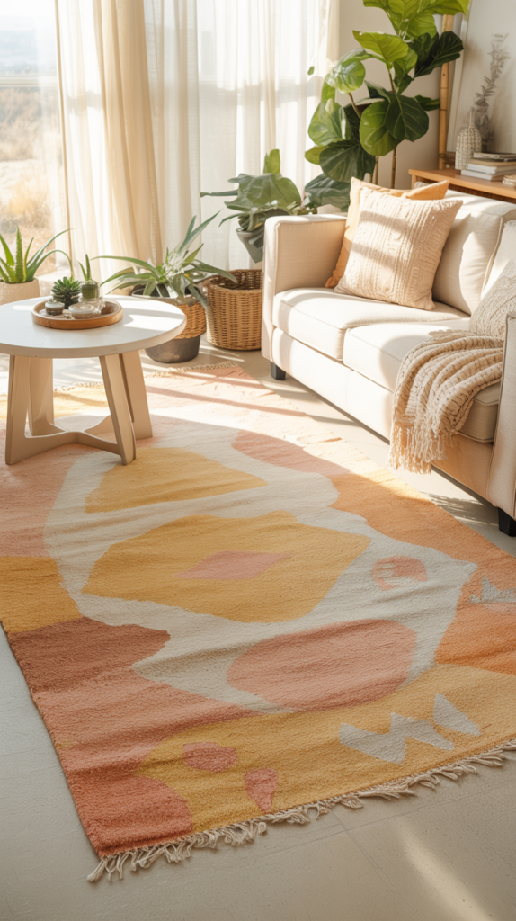 Sun-faded desert boho rug in soft beige and clay tones in a bright living room with neutral sofa and warm sunlight.