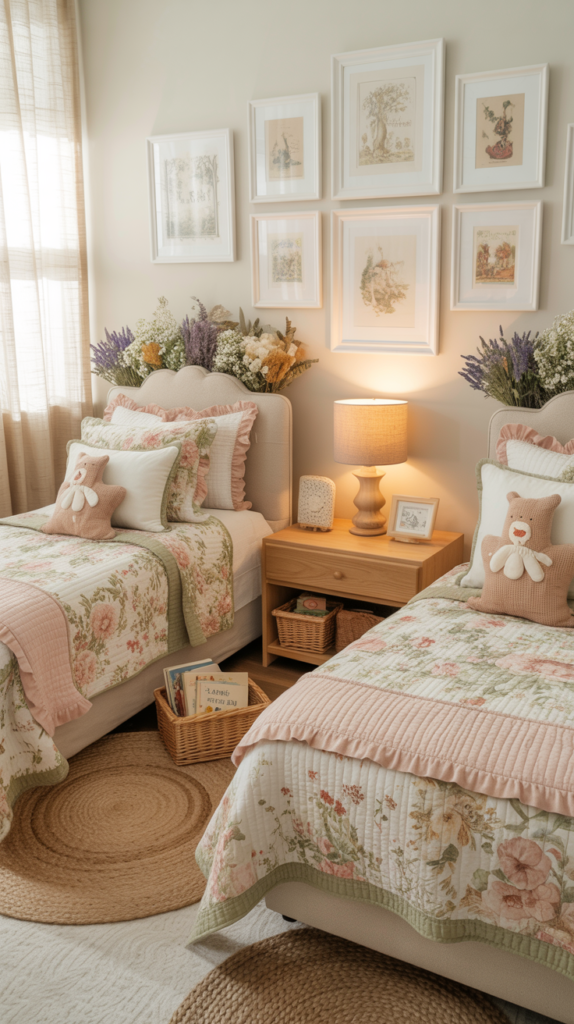 Cottagecore shared kids bedroom with floral bedding, warm wood furniture, and cozy, storybook-style decor.