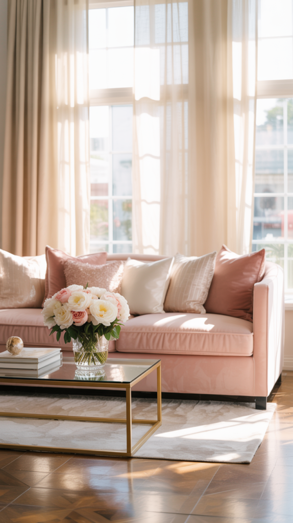 Blush and cream living room with a pink sofa, cream rug, gold accents, and soft natural light in a chic, cozy girly apartment