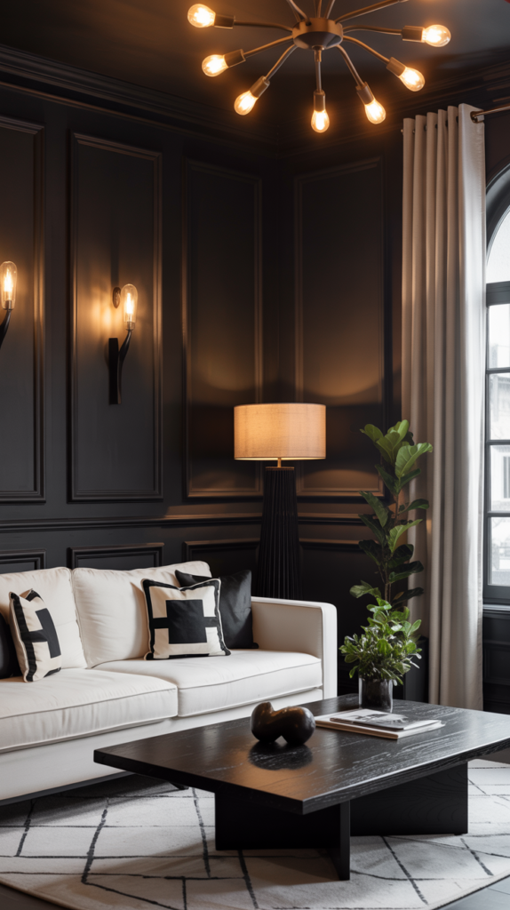 Black and white living room with dark paneled walls, warm layered lighting, white sofa, black coffee table, and soft glowing lamps creating a cozy designer atmosphere.