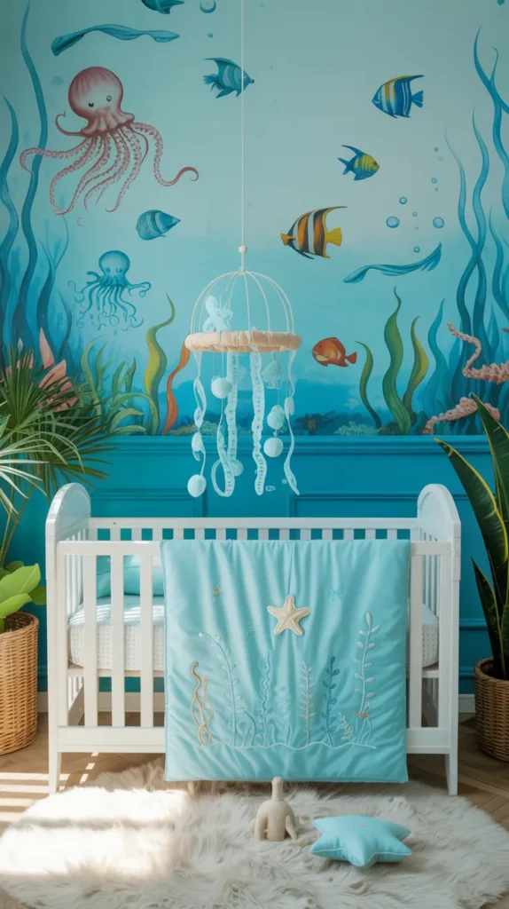 Under-the-sea baby boy nursery with ocean mural, octopus and jellyfish décor, bright aqua colors, and a playful upscale design.