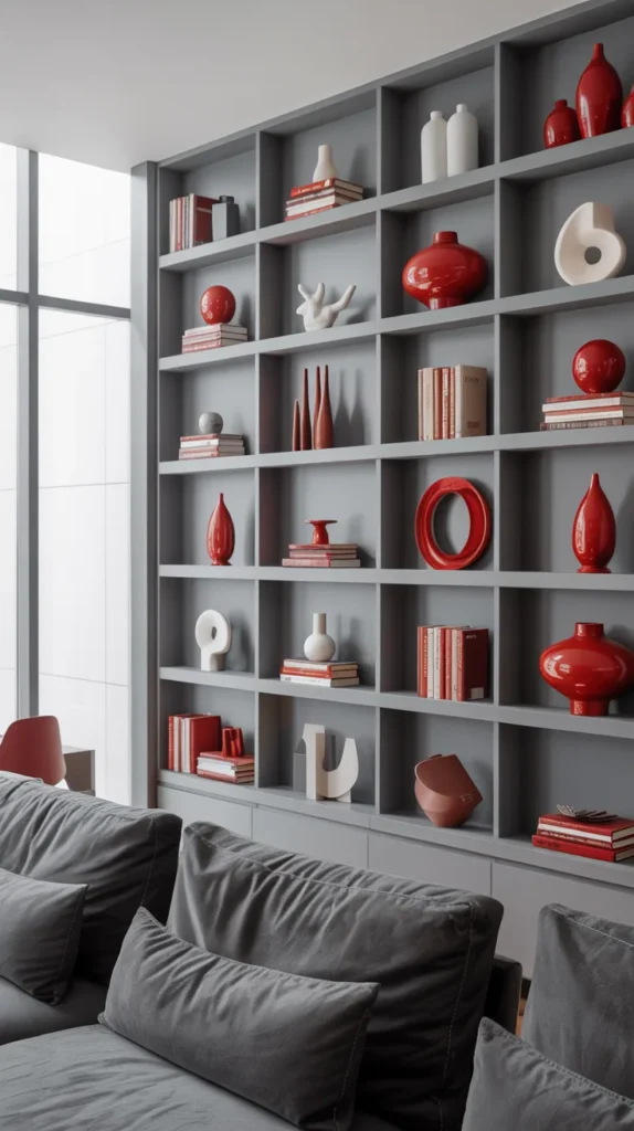Grey open shelving styled with red decor accents in a modern, curated living room.