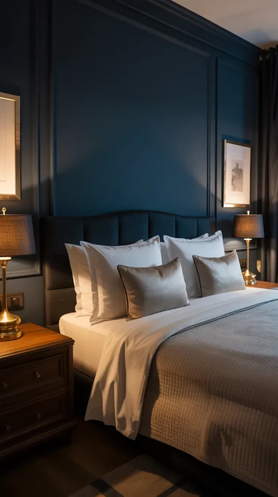 Moody bedroom with inky midnight navy walls, white bedding, brass lighting, and dark wood furniture creating a cozy, upscale retreat.