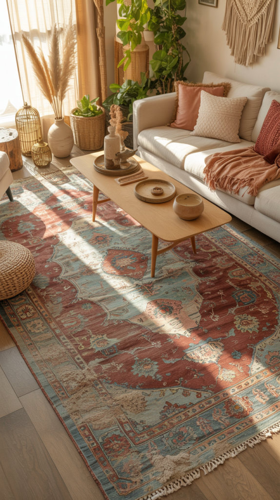 Faded Persian boho rug with vintage pattern in a cozy living room with linen sofa, wood coffee table, and warm natural light.
