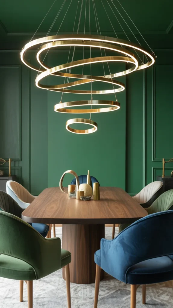 Modern dining room with multi-ring LED chandelier, bold wall color, jewel-tone seating, and a sleek luxury design.