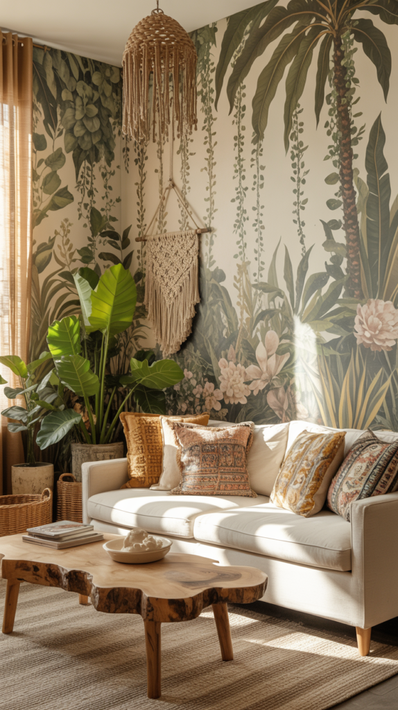 Boho living room with botanical wallpaper, layered textiles, plants, and a cozy jungle-inspired aesthetic