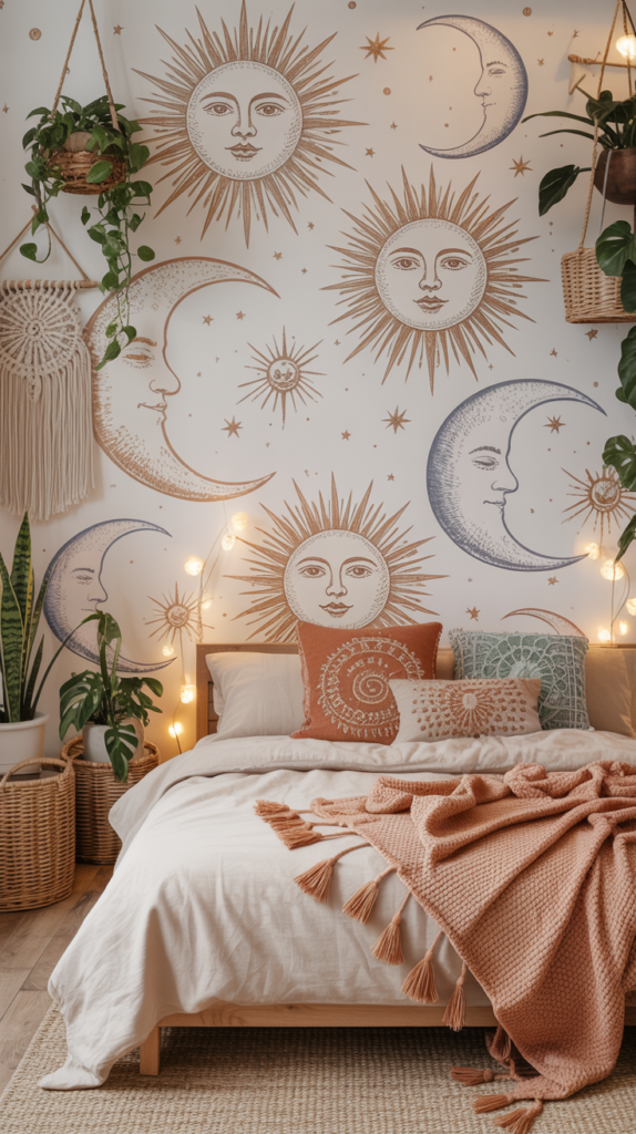 Boho bedroom with sun and moon face wallpaper, layered textiles, plants, and a dreamy celestial bohemian vibe.