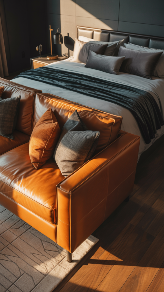 A modern masculine bedroom with a brown leather  couch at the foot of the bed, layered gray and blue bedding, and warm lighting creating a sleek and cozy retreat.