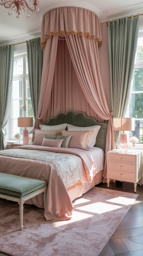 Blush pink canopy bed with sage green accents, gold trim, and elegant draped curtains in a soft luxury bedroom.