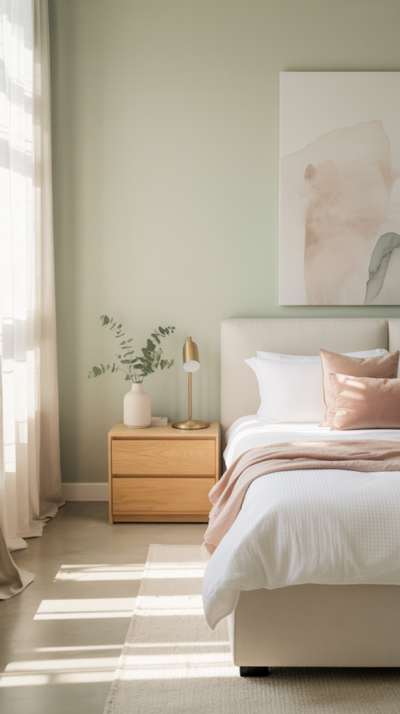Modern minimalist bedroom with sage green walls, rose pink pillows, and clean white bedding.
