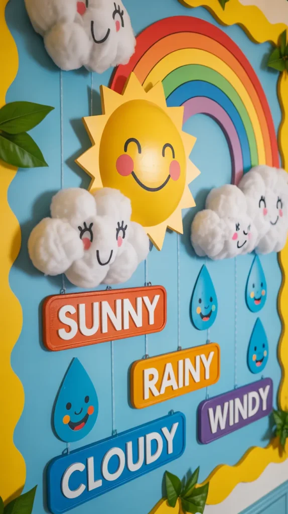 Bright spring weather wall in a kindergarten classroom featuring colorful suns, clouds, rainbows, and weather labels.