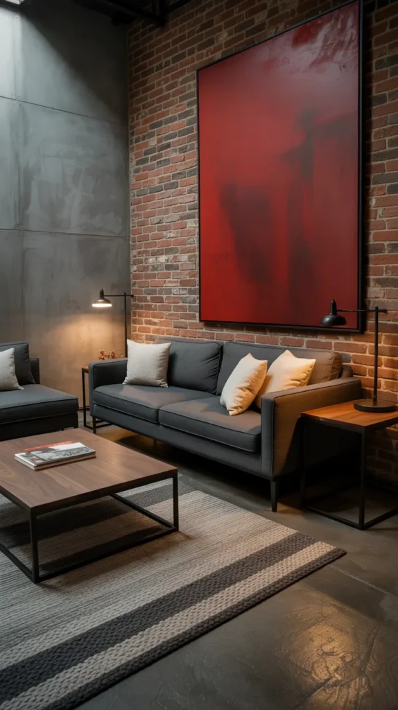 Industrial red and grey living room with concrete walls, exposed brick accents, and modern grey furniture.