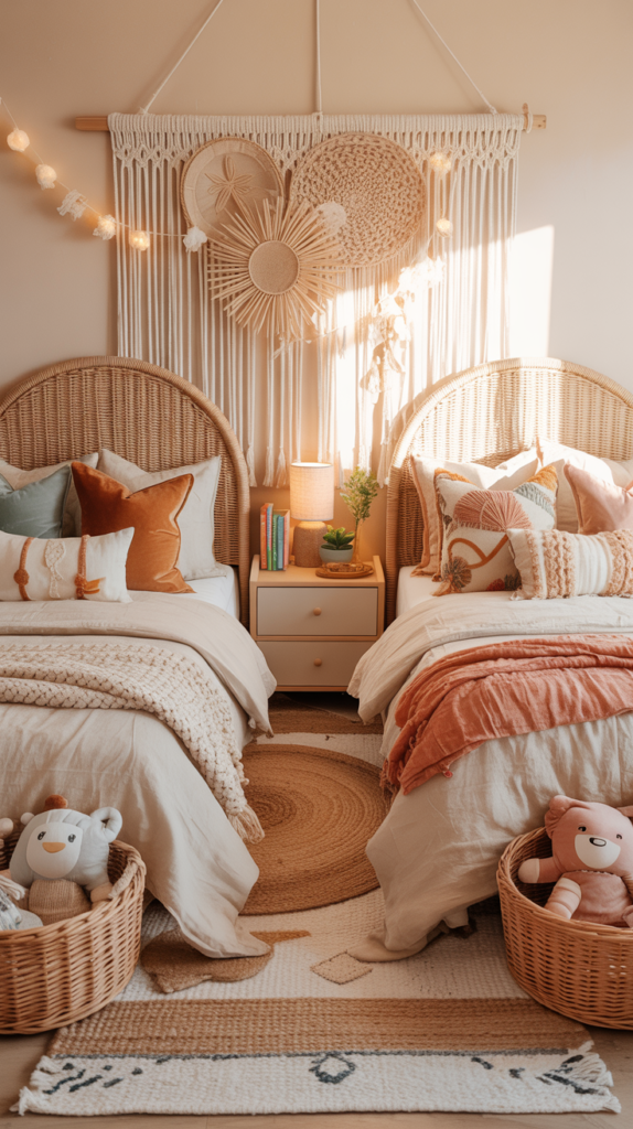 Boho shared kids bedroom with woven decor, layered rugs, and cozy neutral bedding in a warm, relaxed space.