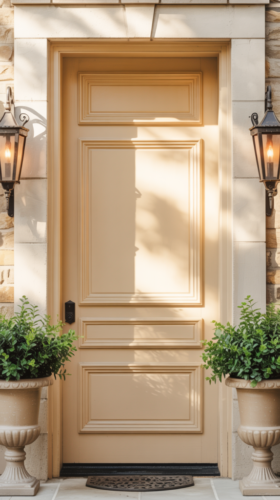 Cream raised-panel farmhouse front door with lantern lights and classic greenery for elegant curb appeal.