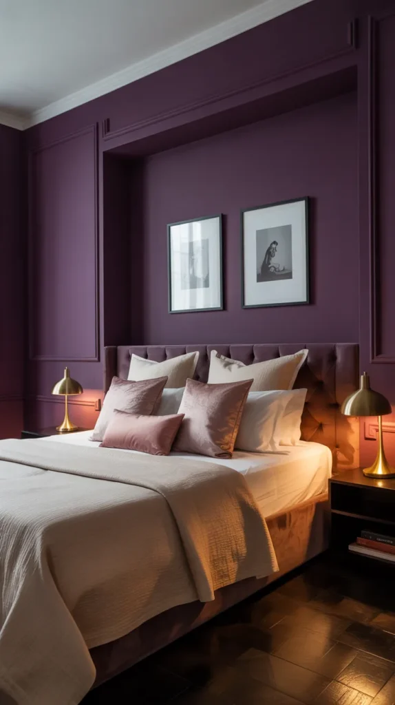 Deep aubergine bedroom walls with velvet accents, neutral bedding, and dramatic lighting for a luxurious moody space.