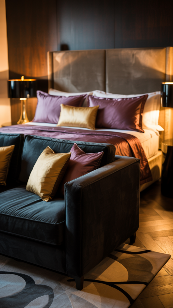 Moody bedroom with a dark velvet couch across from the bed, jewel-tone bedding, and warm dramatic lighting creating a cozy luxurious space.