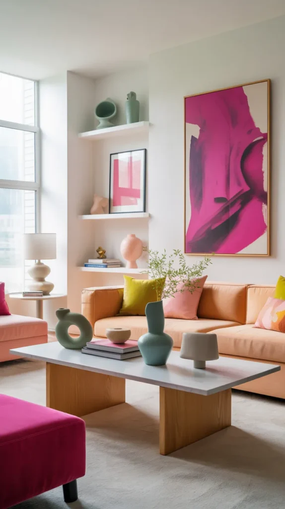 Bold spring living room with peach sofa, magenta artwork, aqua decor, and chartreuse accents in a refined modern home.