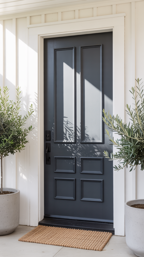 Matte charcoal farmhouse front door with black hardware and modern planters in a clean farmhouse entry.