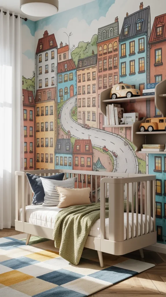 Storybook cityscape baby boy nursery with illustrated houses, colorful walls, white crib, and playful picture-book style decor.
