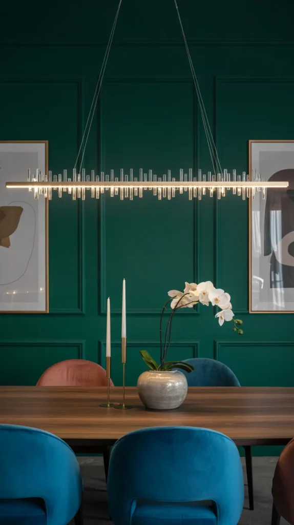 Modern luxury dining room with linear LED chandelier and crystal accents, bold colors, and an elegant upscale style.
