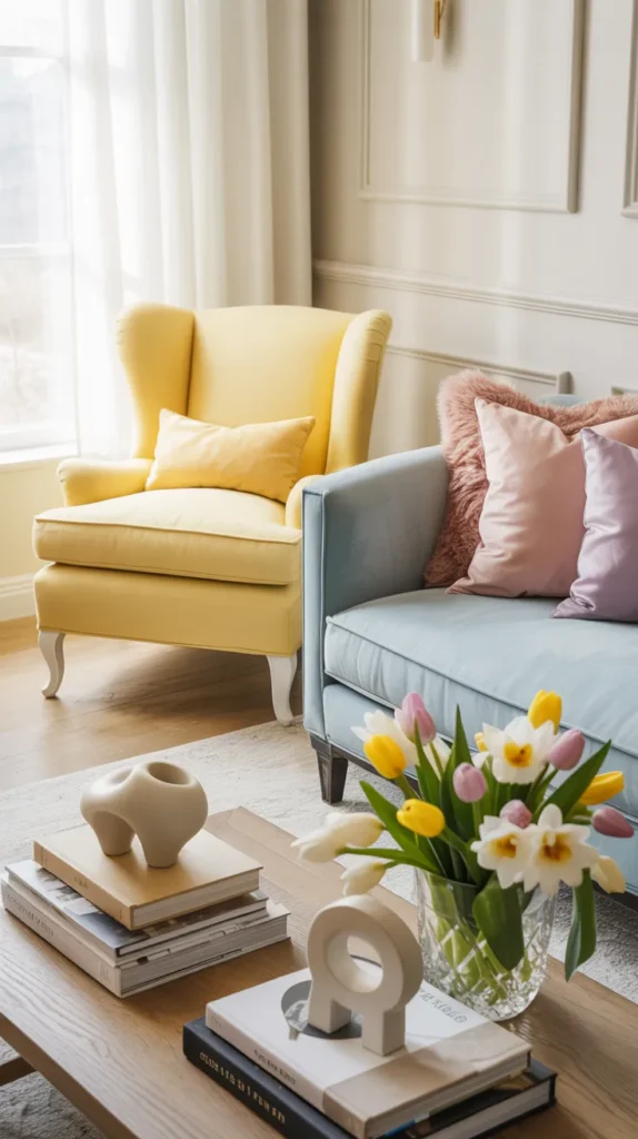 Elegant spring living room featuring powder blue, pastel yellow, pink, and lavender accents in a bright home.