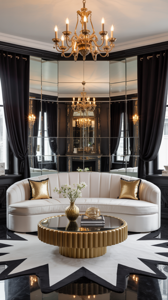Black and white living room with gold metallic accents, white velvet sofa, mirrored surfaces, and glamorous chandelier in a Hollywood Regency style.