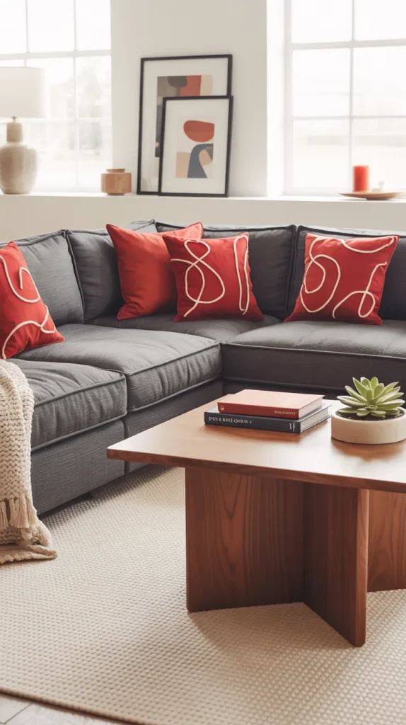 Grey sectional sofa styled with red patterned throw pillows in a cozy, layered living room design.