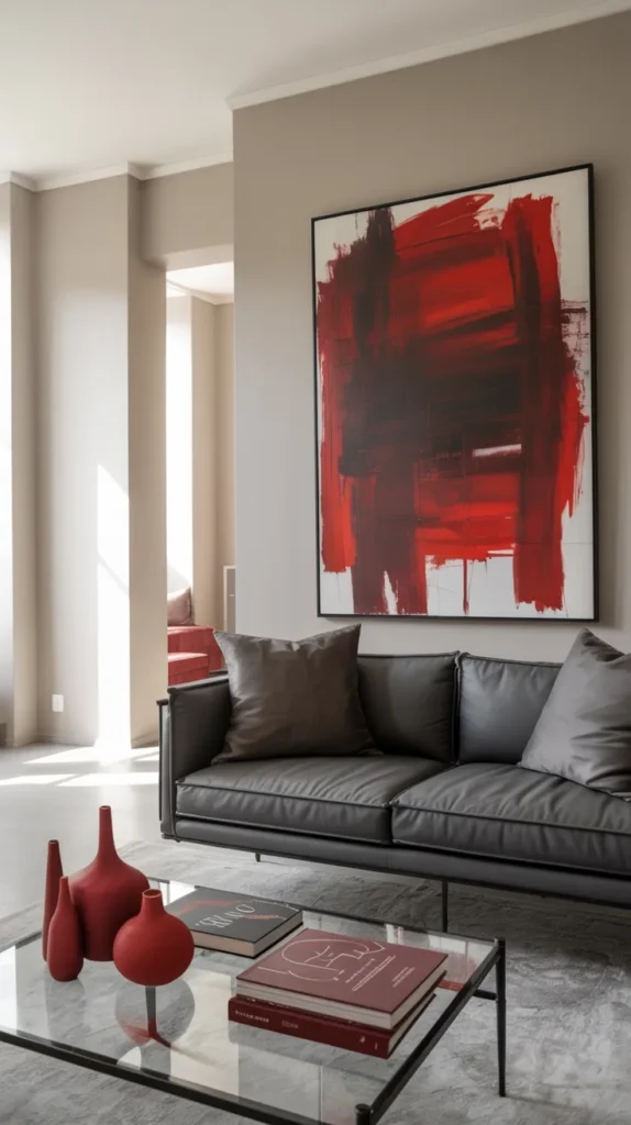 Grey living room with bold red abstract artwork as a focal point, styled with neutral furniture and minimal decor.