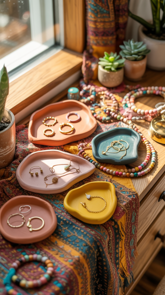 Colorful handmade clay trinket dishes in a vibrant boho bedroom setting