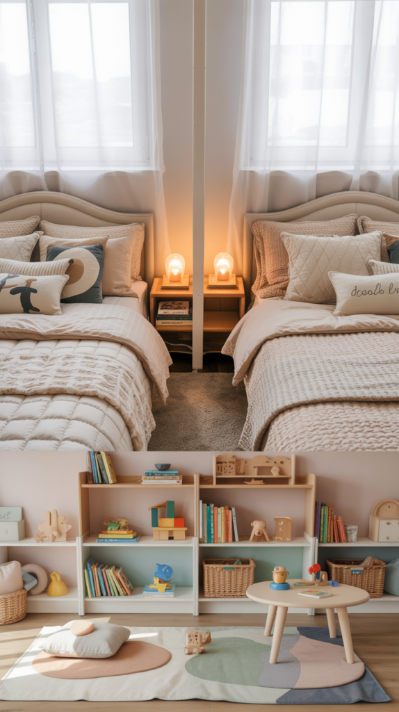 Shared kids bedroom with separate play and sleep areas using rugs and storage to create a functional layout.