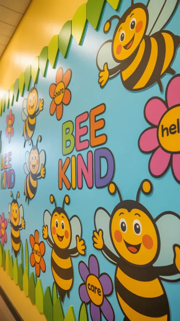 Bright Bee Kind spring wall decoration in a kindergarten classroom promoting kindness with colorful bees and flowers.