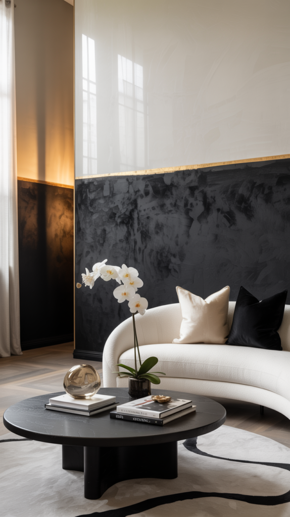 Black and white living room with a creative two-tone wall, sculptural white sofa, black stone coffee table, abstract rug, and dramatic designer lighting.