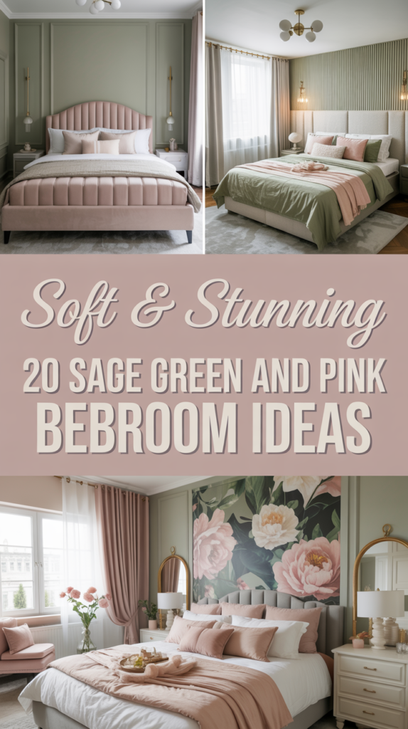 Four-image collage of sage green and blush pink bedrooms with bold overlay text reading “Soft & Stunning – 20 Sage Green and Pink Bedroom Ideas.”