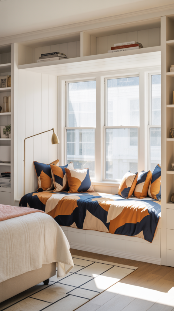 Bright bedroom with a geometric-print window daybed beneath a large sunlit window, layered navy and gold pillows, a brass floor lamp, and part of the main bed visible, creating a modern and cozy bedroom retreat.