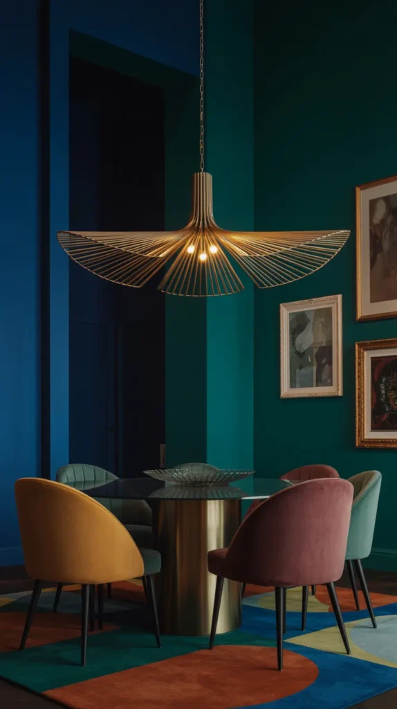 Modern luxury dining room with fan-shaped pendant chandelier, jewel-tone walls, colorful velvet chairs, and an upscale contemporary aesthetic.