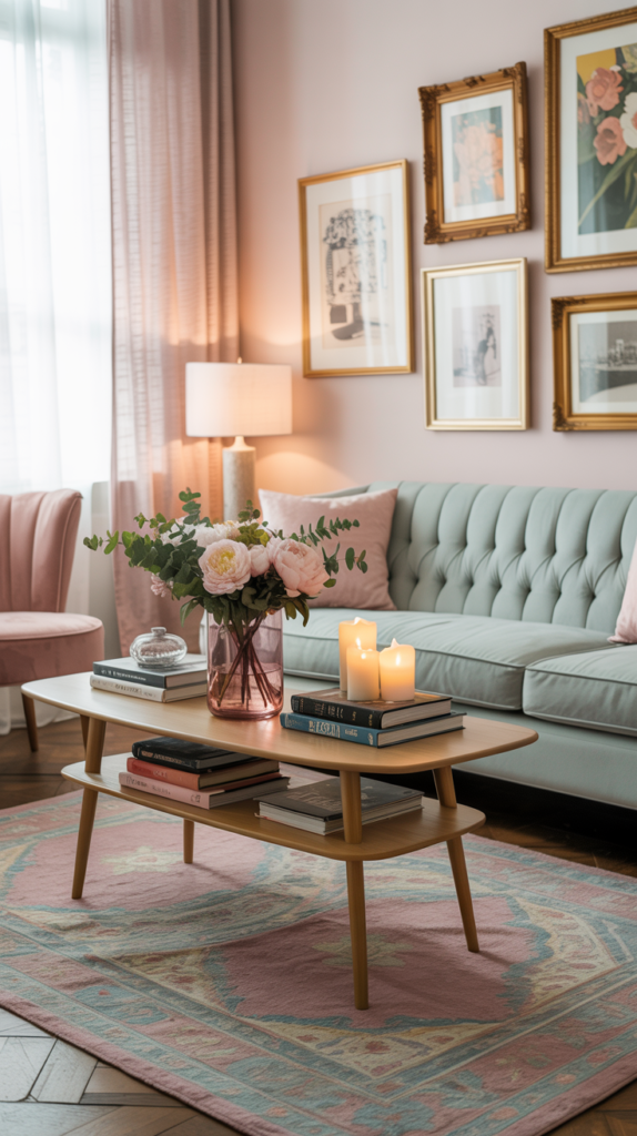Vintage pastel living room with a mint green tufted sofa, dusty-rose chairs, retro coffee table, pastel gallery wall, and warm natural light in a stylish upscale home.