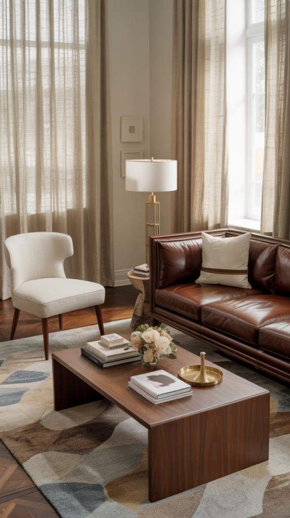 Dark brown leather sofa styled with a cream accent chair in a classic designer living room.