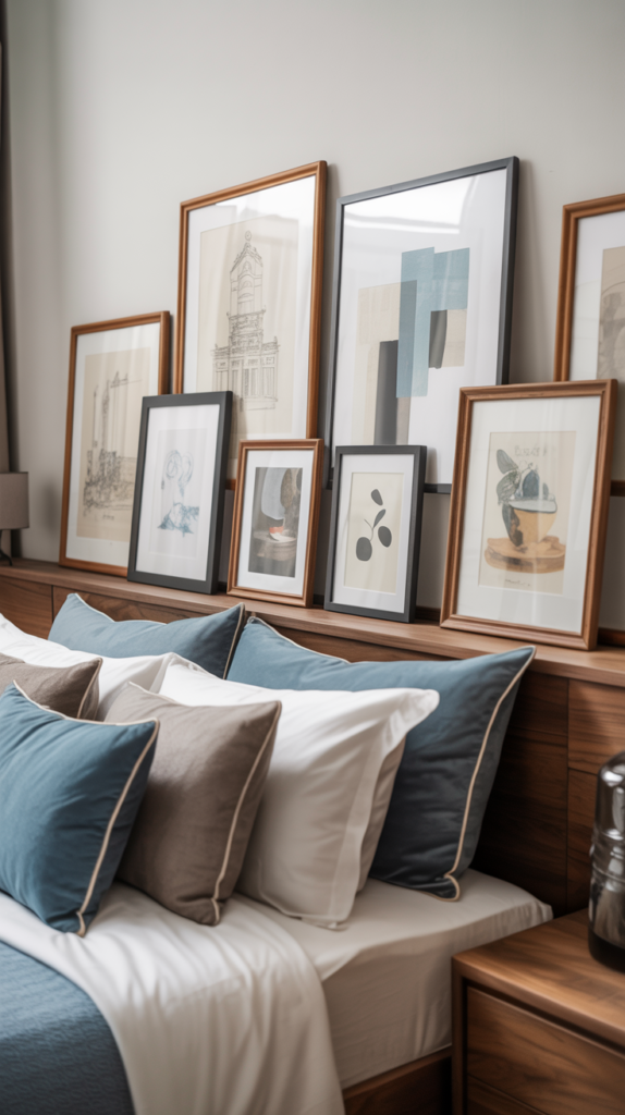 Leaning framed wall art on a ledge behind a bed in a relaxed, elegant bedroom.