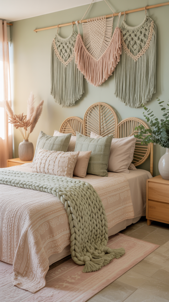 Boho bedroom with sage green and blush pink macramé wall art, blush upholstered bed, and soft layered bedding.