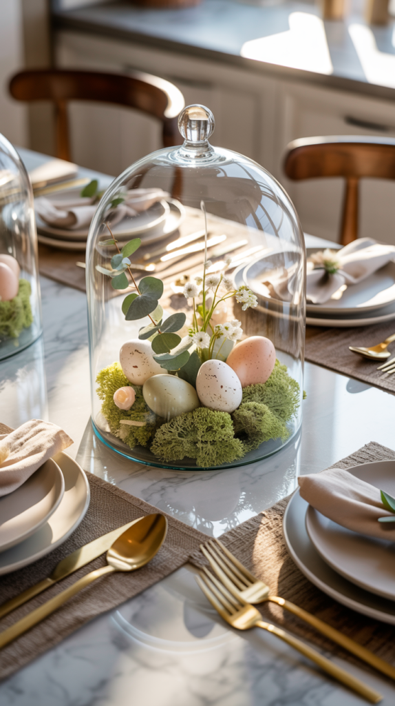 Glass cloche spring centerpiece with moss and eggs styled on a luxury dining table for Easter and spring.
