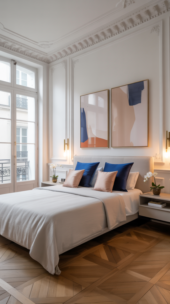 Modern Parisian apartment bedroom with abstract wall art, white bedding, blue and blush accent pillows, and elegant French molding.