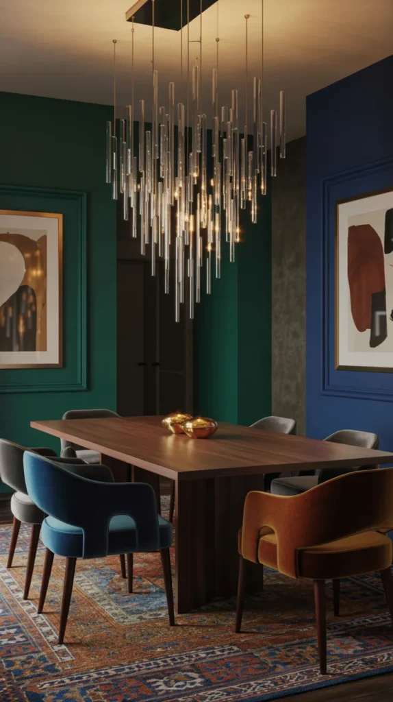 Luxury dining room with asymmetric cascade chandelier, jewel-tone walls, colorful seating, and a dramatic modern upscale design.
