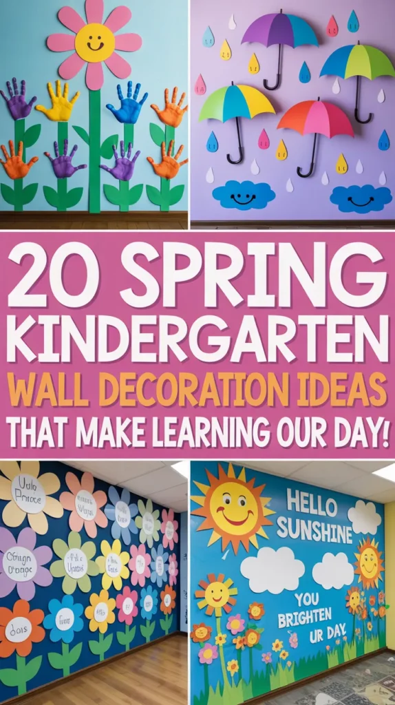 Collage of spring kindergarten wall decorations including handprint flower garden, April showers wall, student name flower display, and sunshine welcome wall.